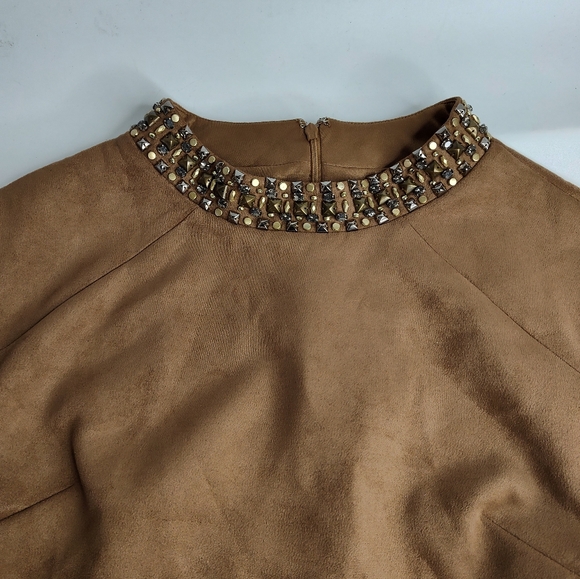 Vince Camuto Brown Women  Suede Shift Dress 14 Jeweled Neckline Sleeveless Zip - Picture 10 of 13